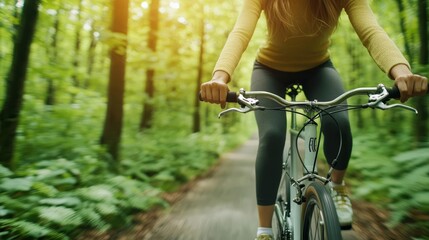 Obraz premium A healthcare campaign featuring a woman cycling through a forest, highlighting the cardiovascular benefits of regular cycling
