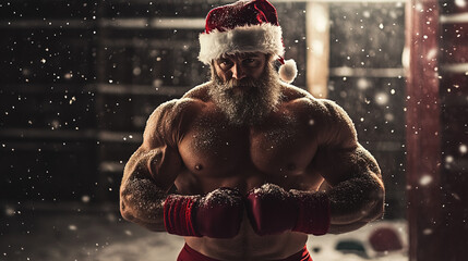 Boxing Santa Claus Showing His Strength in a Festive Gym Setting - Powerful and Fit Father Christmas Ready to Fight the Holiday Rush - Merry Christmas from the Tough Santa