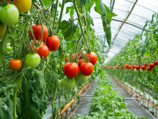Ripe tomatoes on the vine in a greenhouse - fresh produce.