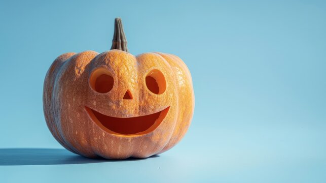 A pumpkin with a happy face, isolated with a shadow effect on a plain background.