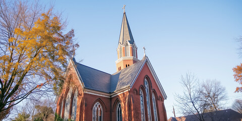 A Georgian church building illuminated by the sun on a clear day.
