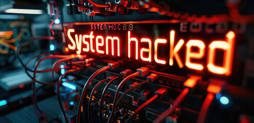 Close-up of a server room with cables and hardware displaying a glowing "System Hacked" message. Highlights concepts of cybersecurity breaches, hacking, and technological vulnerabilities.