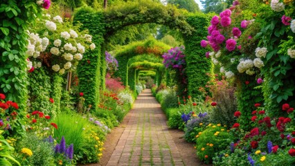 Lush green alley surrounded by blooming flowers in a peaceful garden setting, alley, garden, greenery, flowers, peaceful