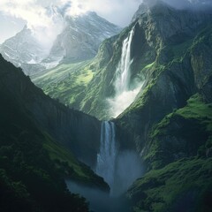 Breathtaking view of a waterfall flowing from a mountain peak, with mist rising as it crashes into the valley below