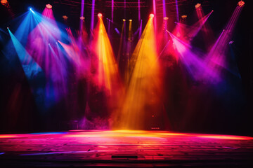 Vibrant stage illuminated by colorful lights with a foggy atmosphere in the background. Concepts of performance, entertainment, and theatrical ambiance.