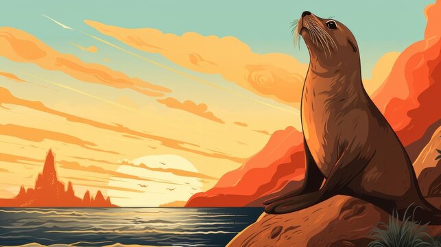 A seal barking audibly flat design side view coastal theme cartoon drawing vivid