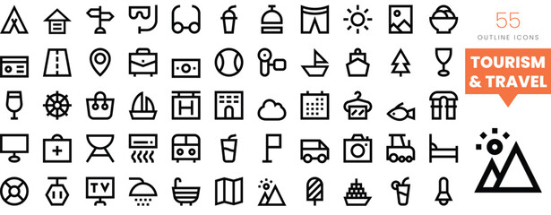 Set of minimalist linear tourism and travel icons. Vector illustration