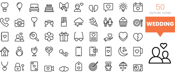 Set of minimalist linear valentine day and wedding icons. Vector illustration