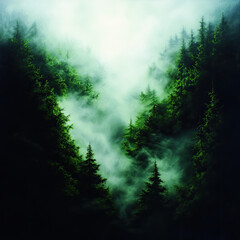 Mysterious forest landscape blanketed in fog, showcasing tall trees and a tranquil atmosphere.