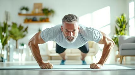 Fototapeta premium A healthcare campaign showing a man doing pushups in his living room, emphasizing the importance of strength training at any age