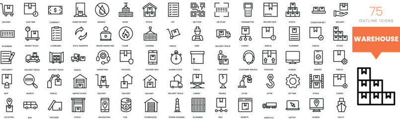 Set of minimalist linear warehouse cargo shipping icons. Vector illustration