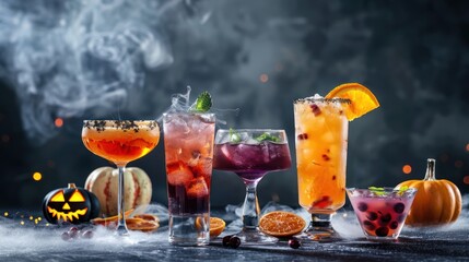 A selection of Halloween-themed cocktails and mocktails with spooky garnishes.