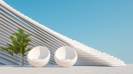 Modern outdoor space featuring stylish white chairs, minimalist design, and lush greenery against a bright blue sky.