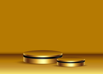 Gold podium or pedestal display on gold background. Blank product shelf standing backdrop