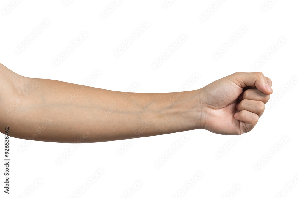Wall mural man hand with fist gesture isolated on white background. clipping path included. side view