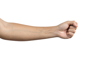 Man hand with fist gesture isolated on white background. Clipping path included. side view