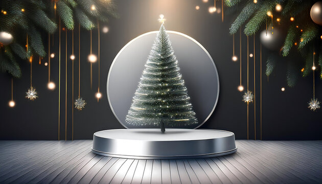  Un podio argentato decorato con un albero di Natale e luci festive, perfetto per presen_1(166)