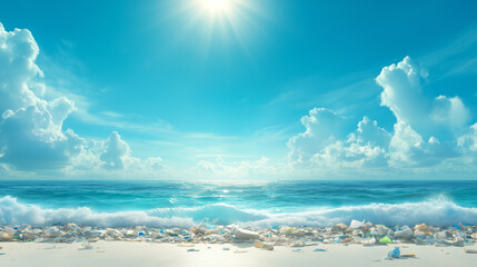 Fototapeta premium Sunlit ocean waves hitting a polluted beach filled with plastic waste, highlighting environmental issues