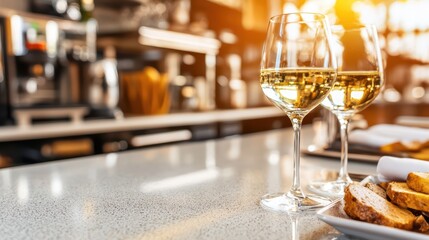 Two glasses of white wine elegantly displayed beside a plate of bread, set against a warm, inviting bar ambiance.