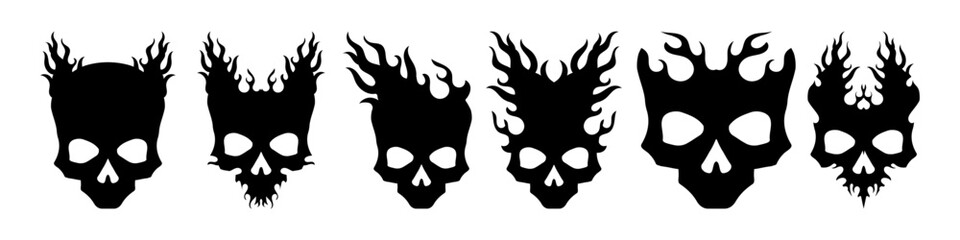 Burning skull on fire, skull icon illustration. Goth design for prints. Comic style. Sticker for Horror or Halloween. Hand drawing illustration isolated on white background. Vector EPS 10