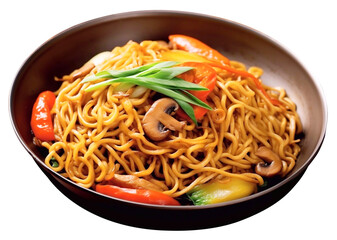 chinese stir fried noodles, a plate Asian stir fry noodle, PNG file, isolated background.