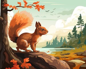A squirrel leaping agilely flat design side view forest theme cartoon drawing vivid