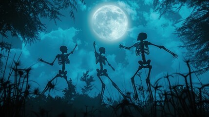 A spooky Halloween background featuring skeletons dancing under a moonlit sky.
