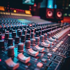 Fototapeta premium Mixing Console with Faders and Knobs in a Professional Recording Studio