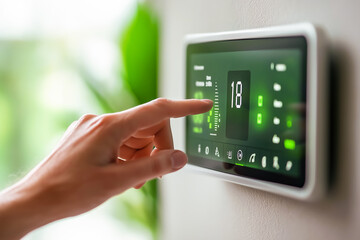 Thermostat smart home domotic control panel on wall for winter house temperature banner panoramic. Energy saving hand touching to adjust temperature of heating in living room.
