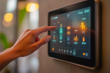 Thermostat smart home domotic control panel on wall for winter house temperature banner panoramic. Energy saving hand touching to adjust temperature of heating in living room.