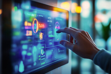 Thermostat smart home domotic control panel on wall for winter house temperature banner panoramic. Energy saving hand touching to adjust temperature of heating in living room.