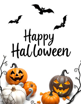 "Happy Halloween" text written on white background, bats, pumpkins