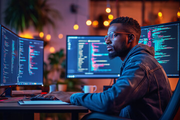 Side view portrait of modern IT developer using computer at home office at night, working on software, coding new application, sitting in front of big pc monitor. Data science specialist at work