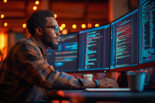 Side view portrait of modern IT developer using computer at home office at night, working on software, coding new application, sitting in front of big pc monitor. Data science specialist at work