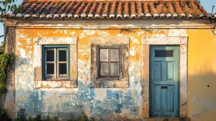 Early sunlight casts warm hues on a traditional Algarve home, showcasing its intricate architecture and vibrant colors.