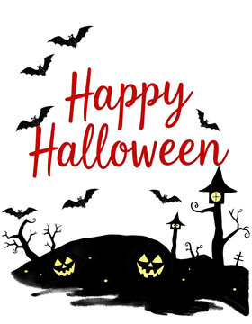 "Happy Halloween" text written on white background, bats, pumpkins