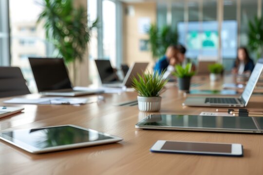 Diverse professionals in a modern boardroom, collaborating with digital devices for strategic planning.