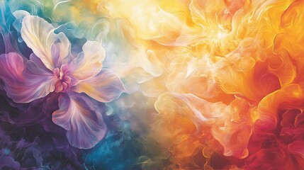 Obraz premium Ethereal floral forms emerge from a kaleidoscope of colors, crafting an abstract and dynamic composition.