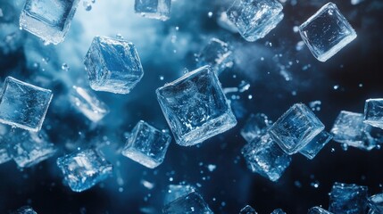 Floating blue ice cubes suspended in space, composing a modern and icy abstract figure.