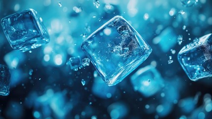 Floating blue ice cubes suspended in space, composing a modern and icy abstract figure.