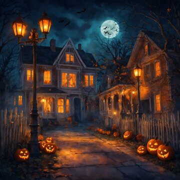 A festive Halloween background with a decorated suburban street, houses adorned with cobwebs, skeletons, and orange lights, children in costumes trick-or-treating under the glow of street lamps,