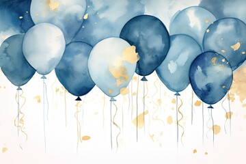 A watercolor illustration of blue balloons with gold accents, perfect for celebrations.
