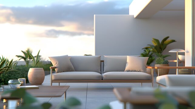 outdoor living space features a cozy patio with plush couch, vibrant throw pillows, and chairs surrounding a wooden coffee table amidst lush greenery and plants.