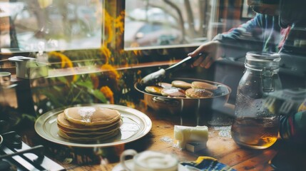 A cozy kitchen scene featuring pancakes cooking on a griddle, surrounded by syrup and a warm atmosphere.