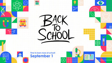 Banner Back to School Geometrical. Vector Illustration of Education Background Concept. Learn University Symbol Promotion. Science Physics.