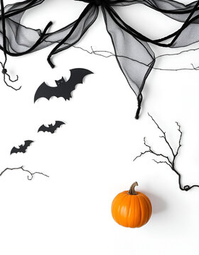White background, Halloween decor, pumpkins on white background, bats, scary