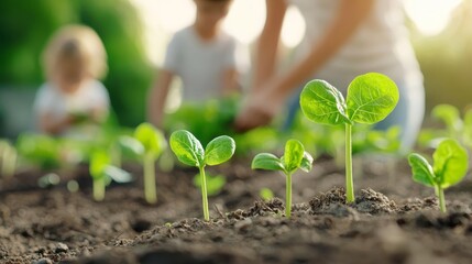 A scene of a family gardening together, with a focus on the physical activity and nutritional benefits of growing your own food