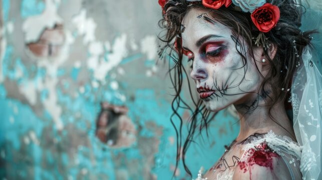 A woman dressed as a zombie bride, with makeup and a tattered dress.