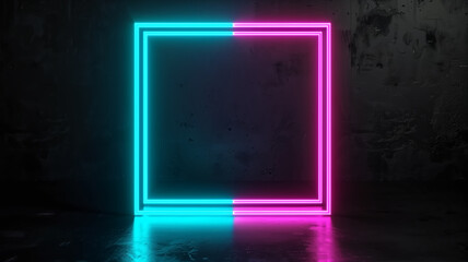 Neon Square Frame with Blue and Pink Lights on Dark Grunge Background