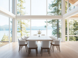 Luxury minimalist dining room, two floor high ceiling. Sea view outside the window. Spacious dining table.